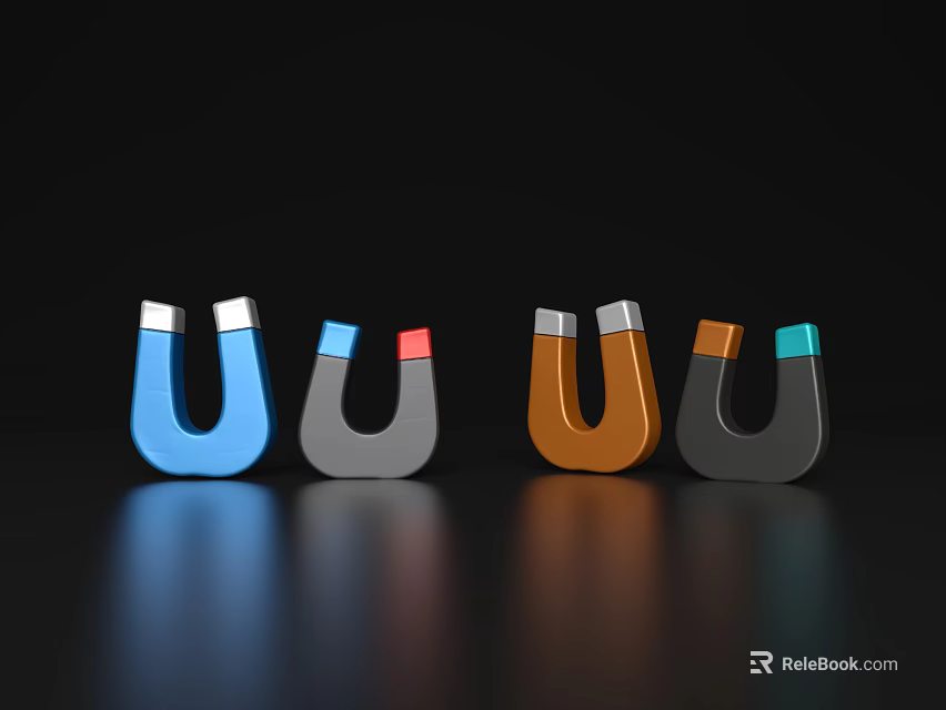 Colorful U shaped Magnets Decorative Ornament Set With Silver And Colored Tops On Black Background 3d model 