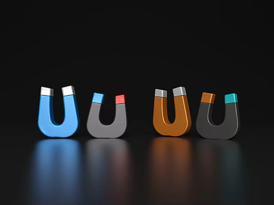 Colorful U shaped Magnets Decorative Ornament Set With Silver And Colored Tops On Black Background 3d model