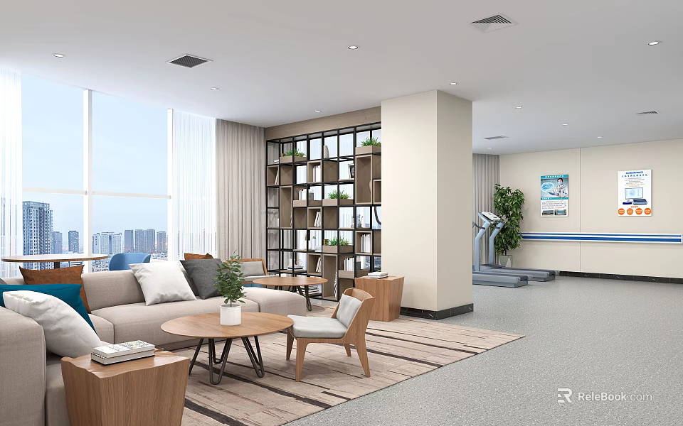 Hotel Public Lounge Area With Large Windows Sofa Coffee Table Bookshelf Plants And Rug 3d model 
