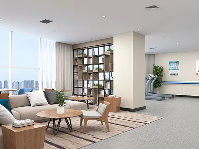 Hotel Public Lounge Area With Large Windows Sofa Coffee Table Bookshelf Plants And Rug 3d model