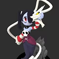 3D Cartoon Game Movie Character With Purple Hair Red Eyes Striped Arms And White Tentacles