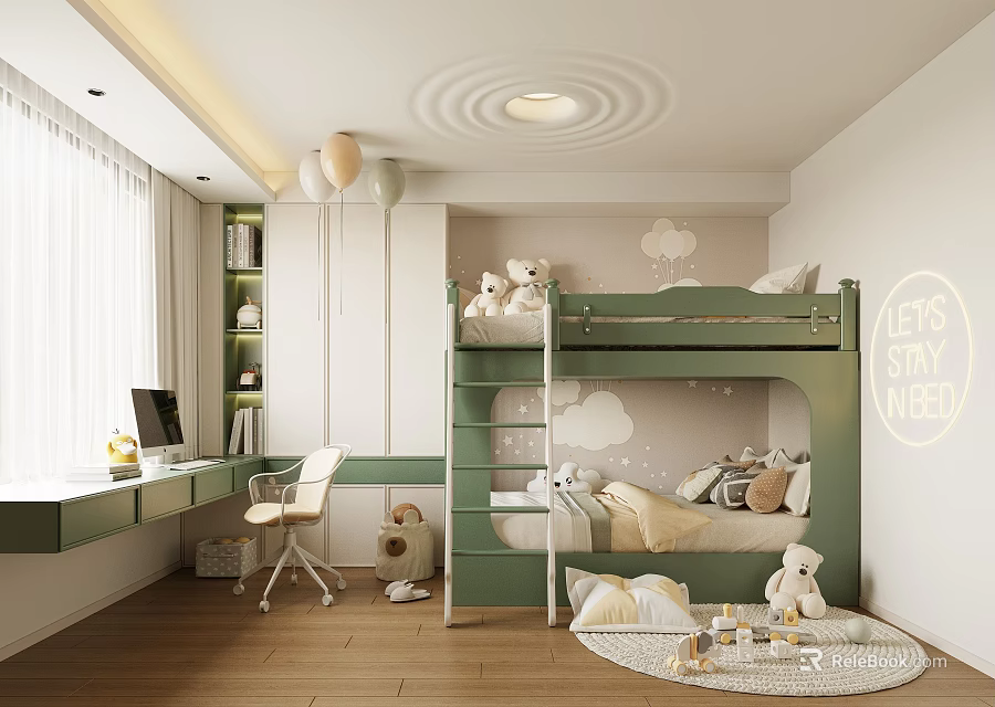 Modern Kids Bedroom With Green Bunk Bed Cloud Decor And Toys 3d model 
