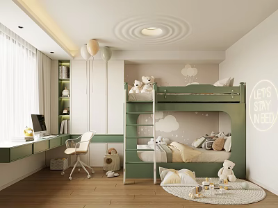 Modern Kids Bedroom With Green Bunk Bed Cloud Decor And Toys 3d model