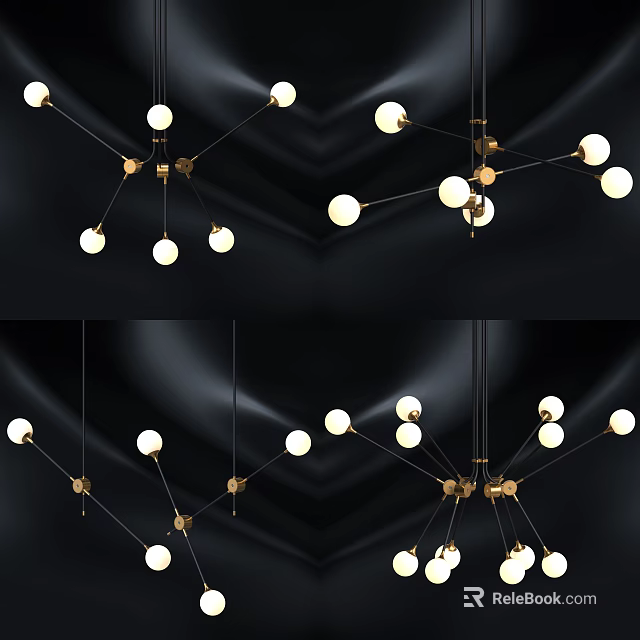 Elegant Modern Chandelier With Golden Metal Frame And White Spherical Bulbs 3d model 