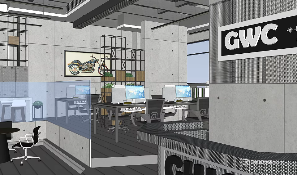 Modern Industrial Office Interior Featuring Concrete Walls Desks Computer Monitors Motorcycle Artwork And Natural Light 3d model 