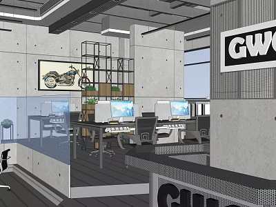 Modern Industrial Office Interior Featuring Concrete Walls Desks Computer Monitors Motorcycle Artwork And Natural Light 3d model