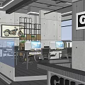 Modern Industrial Office Interior Featuring Concrete Walls Desks Computer Monitors Motorcycle Artwork And Natural Light