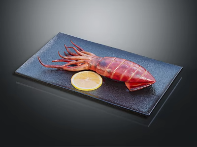 Delicious Grilled Squid Served on Black Plate With Lemon Slice 3d model