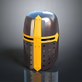 Medieval Metallic Helmet With Yellow Cross Decoration And Perforated Surface For Historical Use