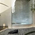Modern Hotel Guest Room With Two Beds Arched Window And Round Mirror