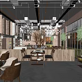 Modern Hot Pot Restaurant Interior With Dining Tables Chairs Hanging Lights And Green Plants