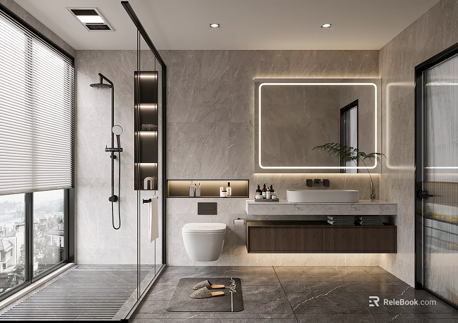 Modern Bathroom Interior With Marble Walls Backlit Mirror And Wall Mounted Vanity 3d model