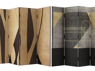 Modern Artistic Folding Screen With Brown Beige Grey Panels And Geometric Gold Lines 3d model