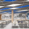 Modern Canteen Interior With Blue Ceiling White Yellow Tables And Large Windows 3d model