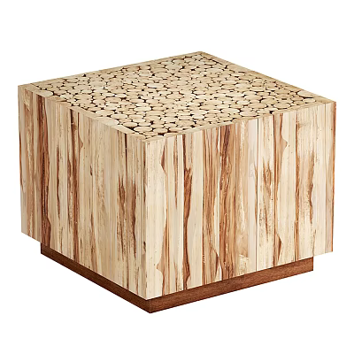 Square Coffee Table With Natural Wood Log Slice Top And Light Brown Finish 3d model