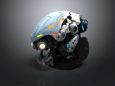 Sci Fi Mechanical Robot Drone With Blue Gray Damaged Exterior And Glowing Lights 3d model