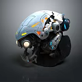 Sci Fi Mechanical Robot Drone With Blue Gray Damaged Exterior And Glowing Lights