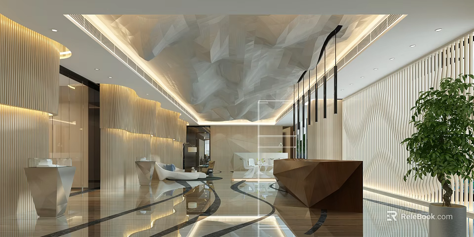 Modern Luxurious Lobby Interior With Wooden Reception Desk And Geometric Ceiling Lighting 3d model 