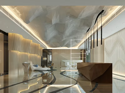 Modern Luxurious Lobby Interior With Wooden Reception Desk And Geometric Ceiling Lighting 3d model
