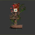 Enchanting Fairy Tale Treehouse Structure With Red Roof Wooden Details Green Plants And Pink Flowers