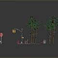 Miniature Crossroad Scene With Traffic Lights Pine Trees Bench Fire Hydrants And Zebra Crossing
