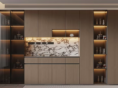 Modern Wine Cabinet With Wooden Frame Marble Backsplash LED Lighting And Glass Display Doors 3d model
