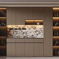 Modern Wine Cabinet With Wooden Frame Marble Backsplash LED Lighting And Glass Display Doors