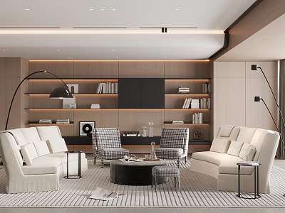 Modern Living White Sofa And Black Coffee Table Set With Patterned Armchairs Bookshelves And Floor Lamps 3d model
