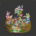 Colorful Fantasy Creatures on Round Base with Grass Flowers Stars and Chlorite Moon