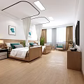 Modern Hotel Guest Room Featuring Twin Wooden Beds White Linens Green Pillows And Curtained Windows