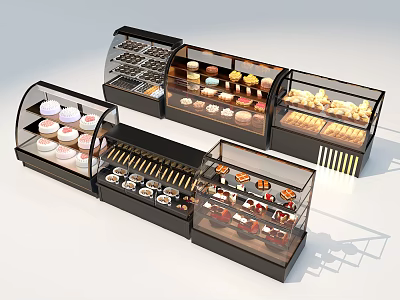 Modern Glass Display Shelves Showcasing Various Cakes Cupcakes Pastries And Desserts 3d model