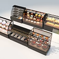 Modern Glass Display Shelves Showcasing Various Cakes Cupcakes Pastries And Desserts