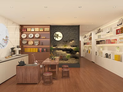 Cozy Tea Room Interior Design With Wooden Table Stools Bookshelves And Green Plants 3d model