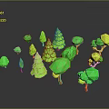 Cartoon Style Green And Yellow Trees With Various Shapes And Sizes On Grey Background