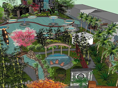 Rockery Stones in Tropical Garden Landscape with Pond Fountain Pavilion and Palm Trees 3d model