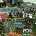 Rockery Stones in Tropical Garden Landscape with Pond Fountain Pavilion and Palm Trees