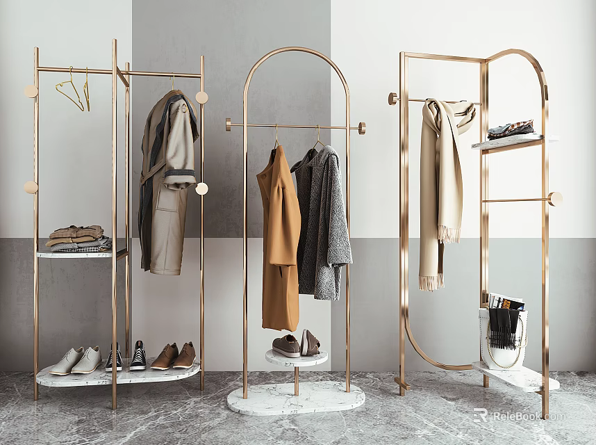Stylish Gold Metal Arc Clothing Display Racks With Hanging Coats Shoes And Marble Bases 3d model 