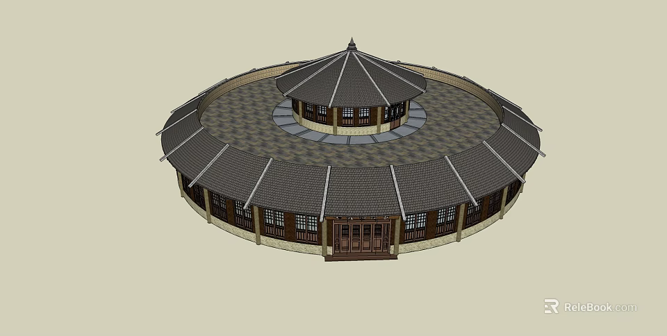 Ancient Architecture Circular Structure With Tiered Tile Roofs And Wooden Windows 3d model