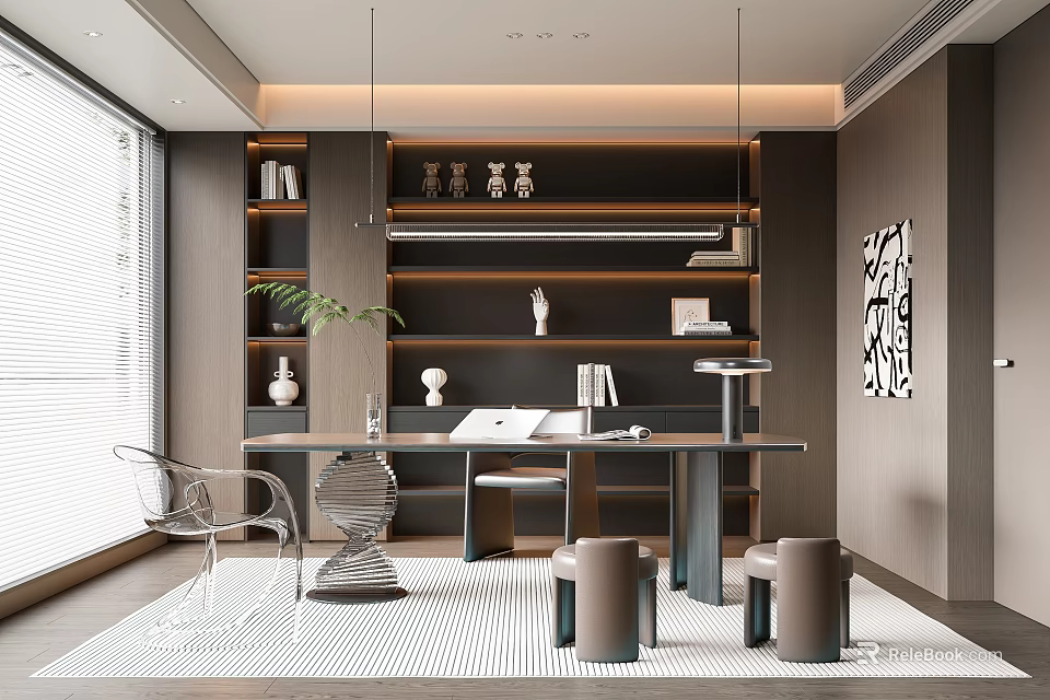 Modern Study Room Interior Design With Wall Shelves Desk Chair Potted Plant And Hanging Lights 3d model 