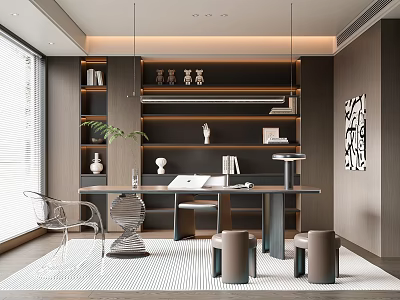 Modern Study Room Interior Design With Wall Shelves Desk Chair Potted Plant And Hanging Lights 3d model