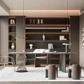 Modern Study Room Interior Design With Wall Shelves Desk Chair Potted Plant And Hanging Lights