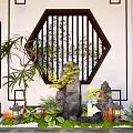 Traditional Chinese Interior Landscape With Octagonal Lattice Window Rockery Green Plants And Lanterns