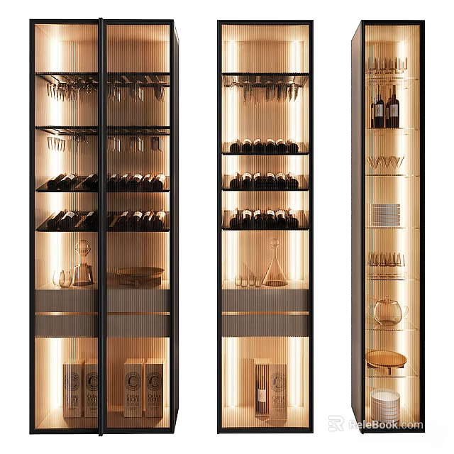 Modern Wine Cabinet Design with Glass Doors Interior Lighting and Wine Storage 3d model 