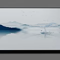 Chinese Ink Wash Landscape Painting With Distant Mountains Misty Water And Flying Birds
