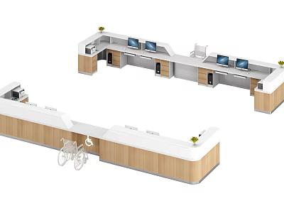 Modern Service Desk Workstations With Computers Wooden Countertops And Wheelchair Accessible Path 3d model
