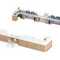 Modern Service Desk Workstations With Computers Wooden Countertops And Wheelchair Accessible Path
