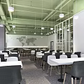 Modern Dining Hall Interior With Green Ceiling White Pendant Lights And World Map 3d model