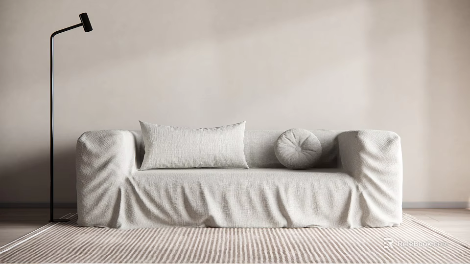 Double Sofa With Beige Cover Rectangular Cushion Round Pillow Light Wall And Striped Carpet 3d model 