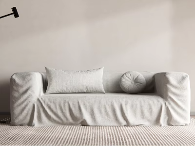 Double Sofa With Beige Cover Rectangular Cushion Round Pillow Light Wall And Striped Carpet 3d model