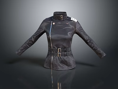 Black High Neck Jacket With Adjustable Belt And Front Zipper Details 3d model